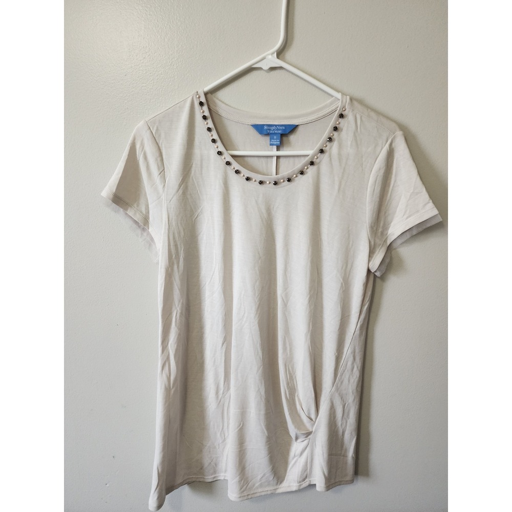 Simply Vera Vera Wang Cream Beaded Neckline Side Twist Short Sleeve Top Small